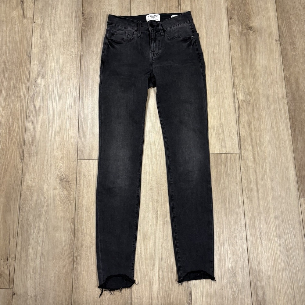 Frame Le Skinny de Jeanne Jeans‎ Womens 25 Black Raw Hem Distressed USA